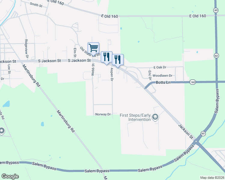 map of restaurants, bars, coffee shops, grocery stores, and more near 1002 Aspen Drive in Salem