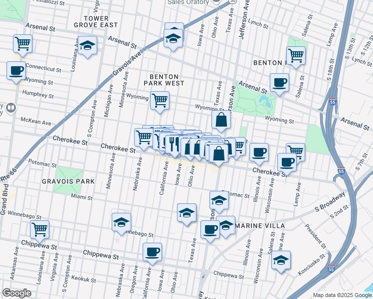 map of restaurants, bars, coffee shops, grocery stores, and more near 2708 Utah Street in St. Louis