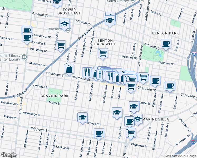 map of restaurants, bars, coffee shops, grocery stores, and more near 3325 Oregon Avenue in St. Louis