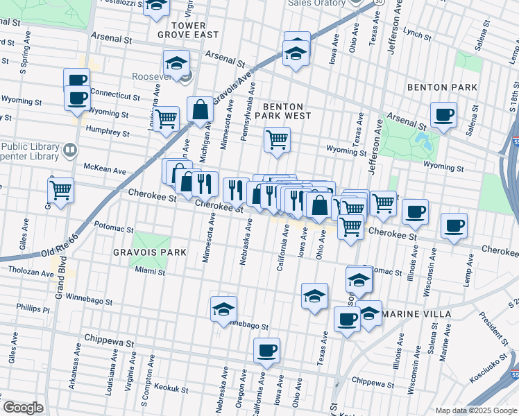 map of restaurants, bars, coffee shops, grocery stores, and more near 3331 Nebraska Avenue in St. Louis