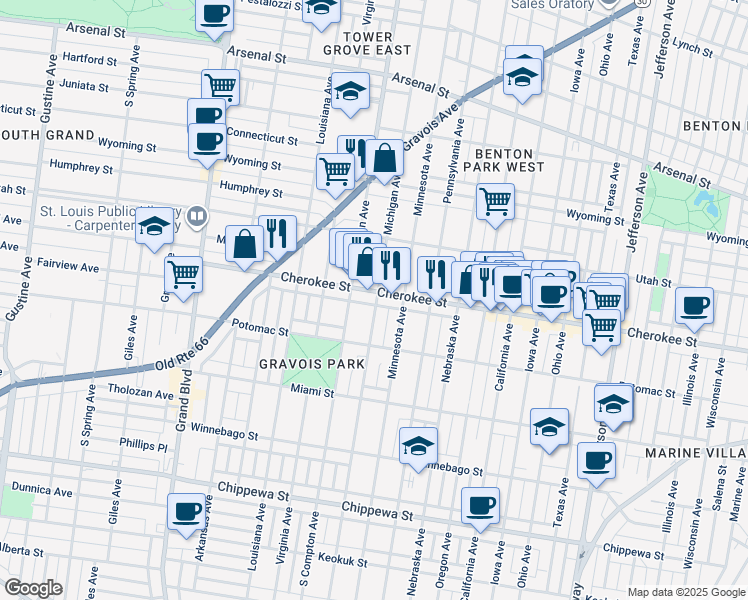 map of restaurants, bars, coffee shops, grocery stores, and more near 3344 Michigan Avenue in St. Louis