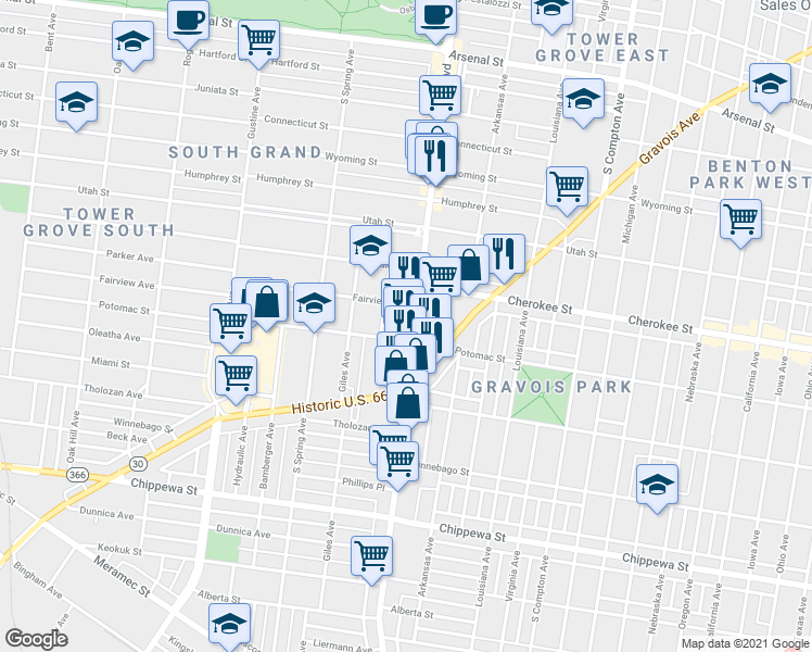 map of restaurants, bars, coffee shops, grocery stores, and more near 3442 Grace Avenue in St. Louis