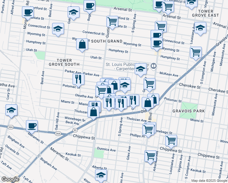 map of restaurants, bars, coffee shops, grocery stores, and more near 3844 Fairview Avenue in St. Louis