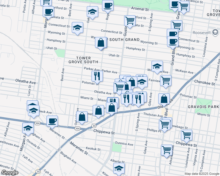 map of restaurants, bars, coffee shops, grocery stores, and more near 3926 Fairview Avenue in St. Louis