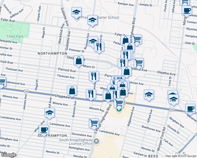 map of restaurants, bars, coffee shops, grocery stores, and more near 3540 Hereford Street in St. Louis