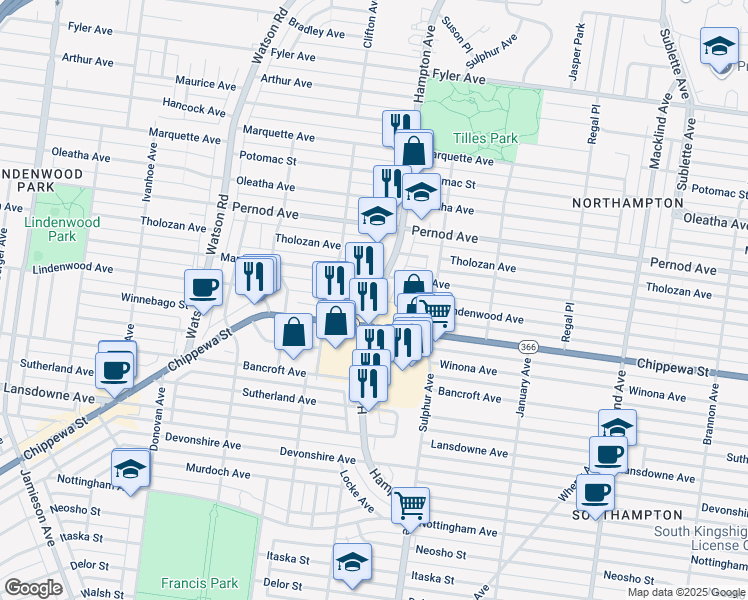 map of restaurants, bars, coffee shops, grocery stores, and more near 3801 Hampton Avenue in St. Louis