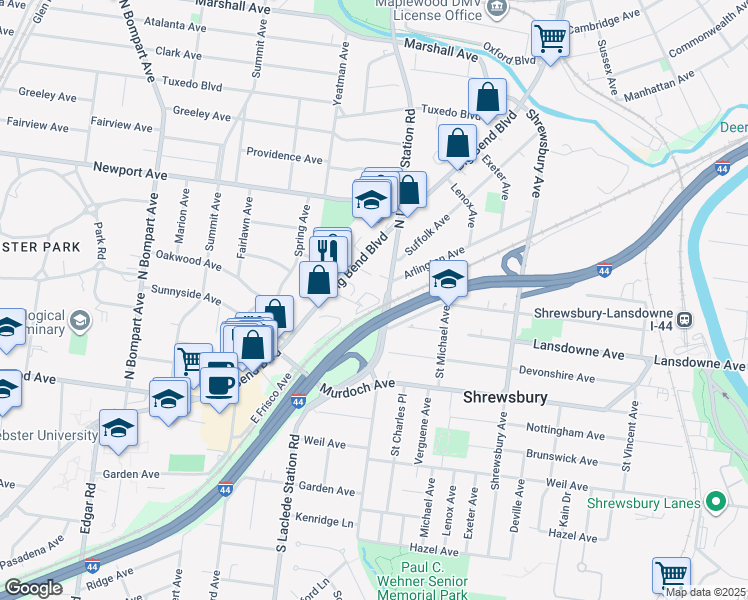 map of restaurants, bars, coffee shops, grocery stores, and more near 7864 Big Bend Boulevard in Webster Groves