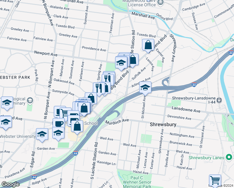 map of restaurants, bars, coffee shops, grocery stores, and more near 7864 Big Bend Boulevard in Webster Groves