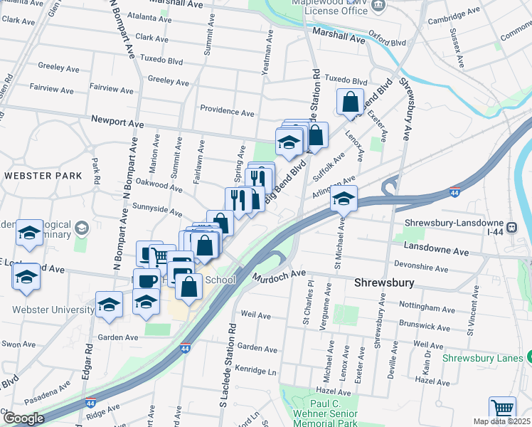 map of restaurants, bars, coffee shops, grocery stores, and more near 810 Dale Avenue in Webster Groves