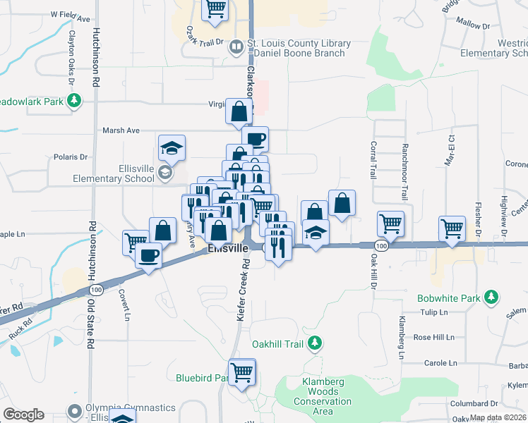 map of restaurants, bars, coffee shops, grocery stores, and more near 1203 Clarkson Court in Ellisville