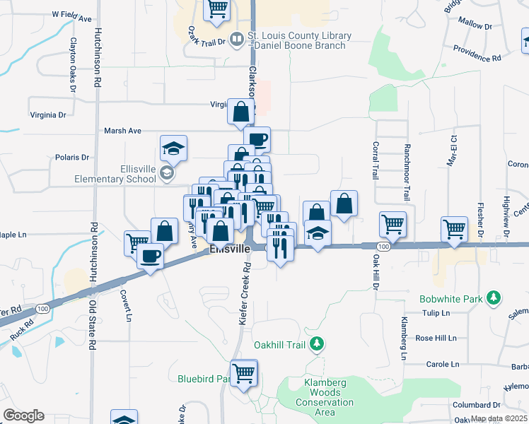 map of restaurants, bars, coffee shops, grocery stores, and more near 1251 Clarkson Court in Ellisville