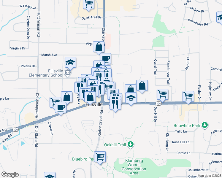 map of restaurants, bars, coffee shops, grocery stores, and more near 1203 Clarkson Court in Ellisville
