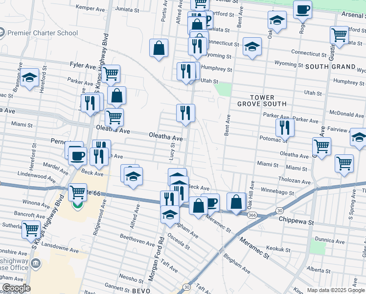 map of restaurants, bars, coffee shops, grocery stores, and more near 3515 Morganford Road in St. Louis