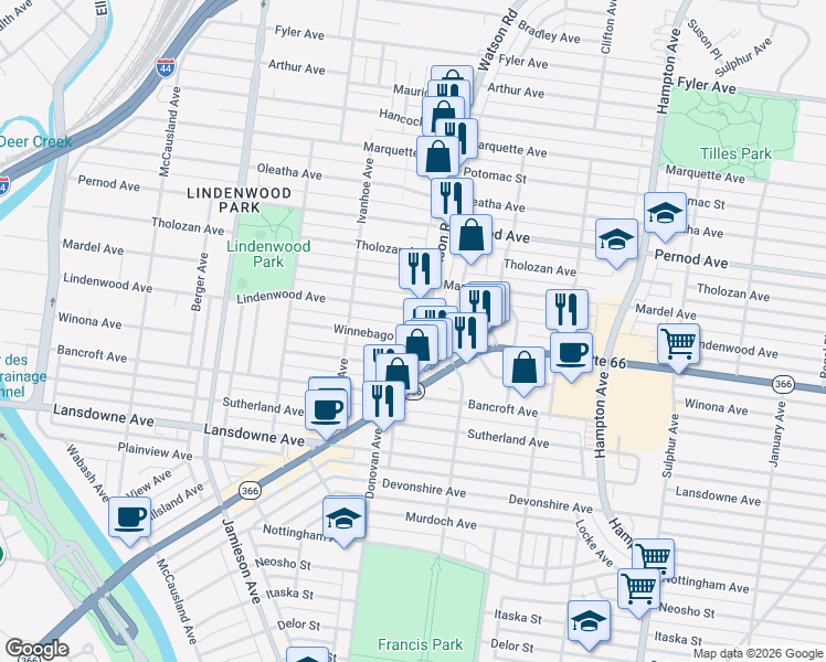 map of restaurants, bars, coffee shops, grocery stores, and more near 3825 Watson Road in St. Louis