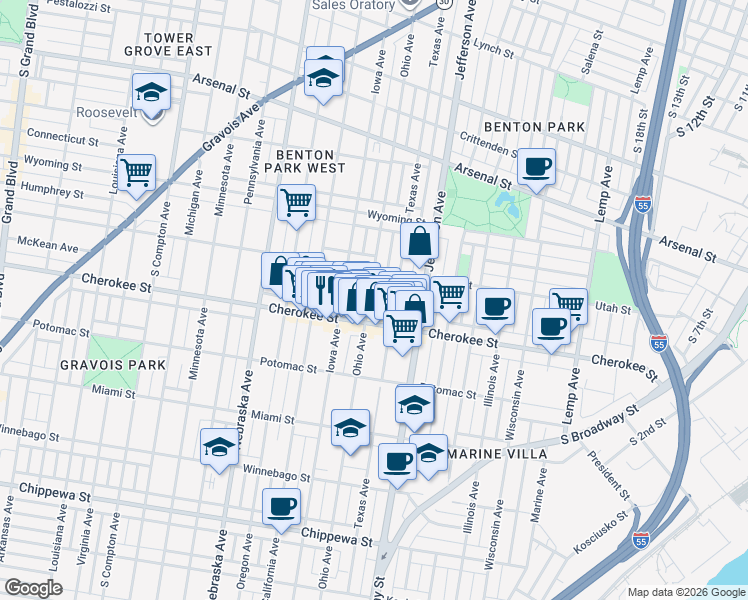 map of restaurants, bars, coffee shops, grocery stores, and more near 3332 Ohio Avenue in St. Louis