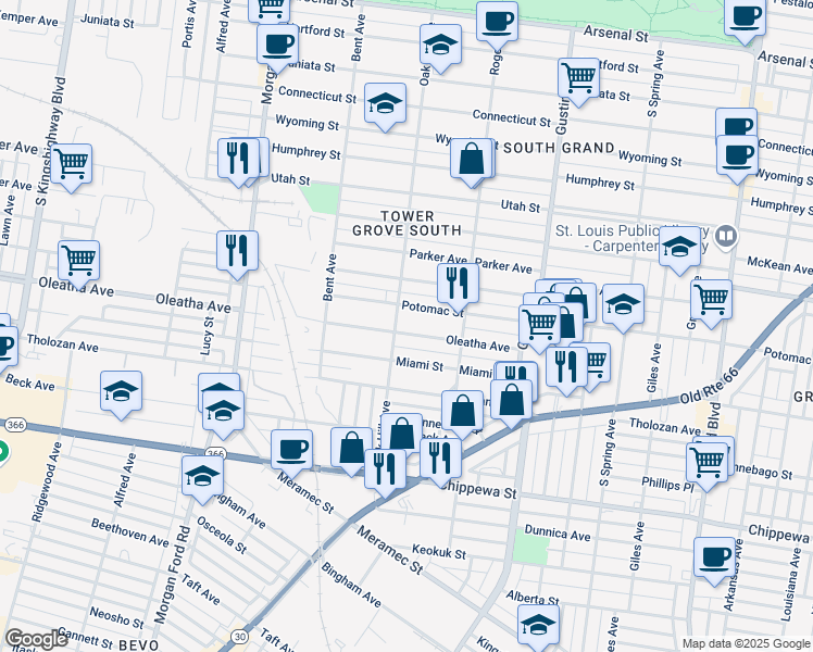 map of restaurants, bars, coffee shops, grocery stores, and more near 4100 Potomac Street in St. Louis
