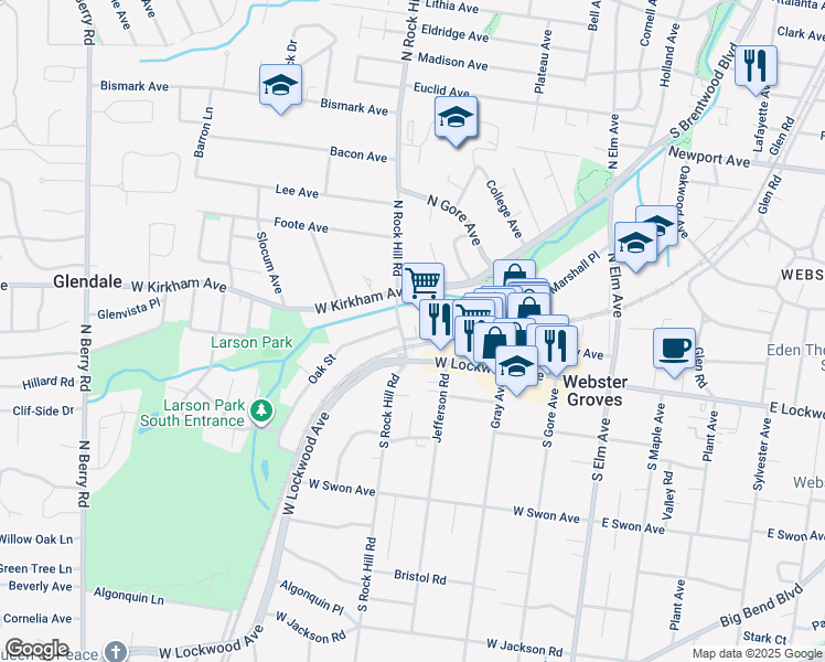 map of restaurants, bars, coffee shops, grocery stores, and more near 341 West Pacific Avenue in Webster Groves