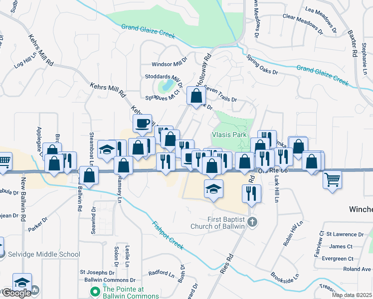 map of restaurants, bars, coffee shops, grocery stores, and more near 408 Kehrs Mill Road in Ballwin