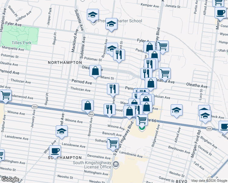 map of restaurants, bars, coffee shops, grocery stores, and more near 5001 Tholozan Avenue in St. Louis