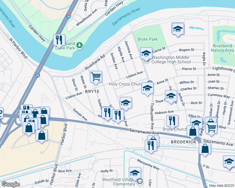 map of restaurants, bars, coffee shops, grocery stores, and more near 1429 May Street in West Sacramento
