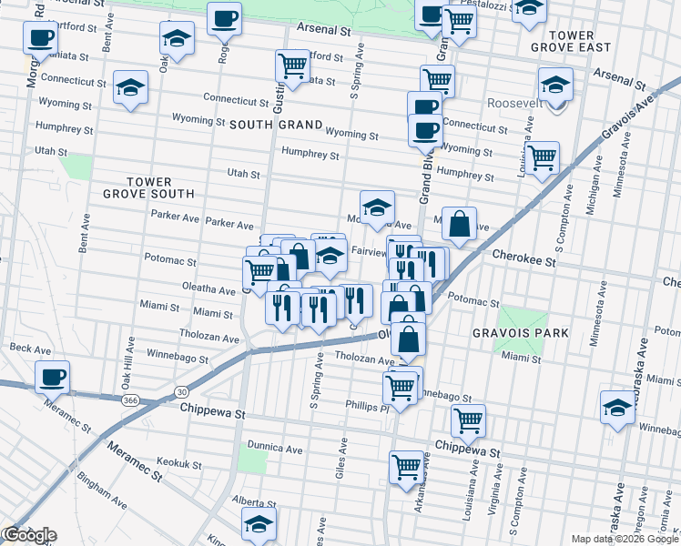 map of restaurants, bars, coffee shops, grocery stores, and more near 3455 South Spring Avenue in St. Louis