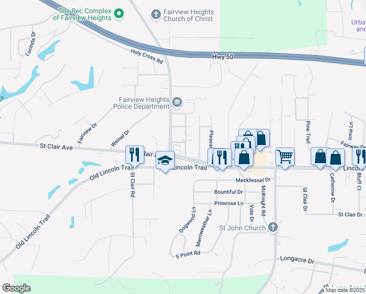 map of restaurants, bars, coffee shops, grocery stores, and more near 10055 Bunkum Road in Fairview Heights