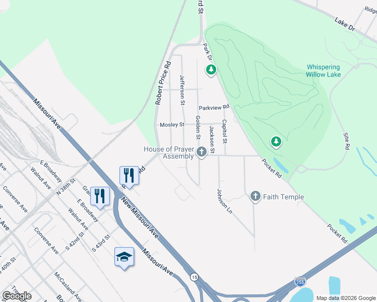 map of restaurants, bars, coffee shops, grocery stores, and more near 410 Jefferson Street in East St. Louis