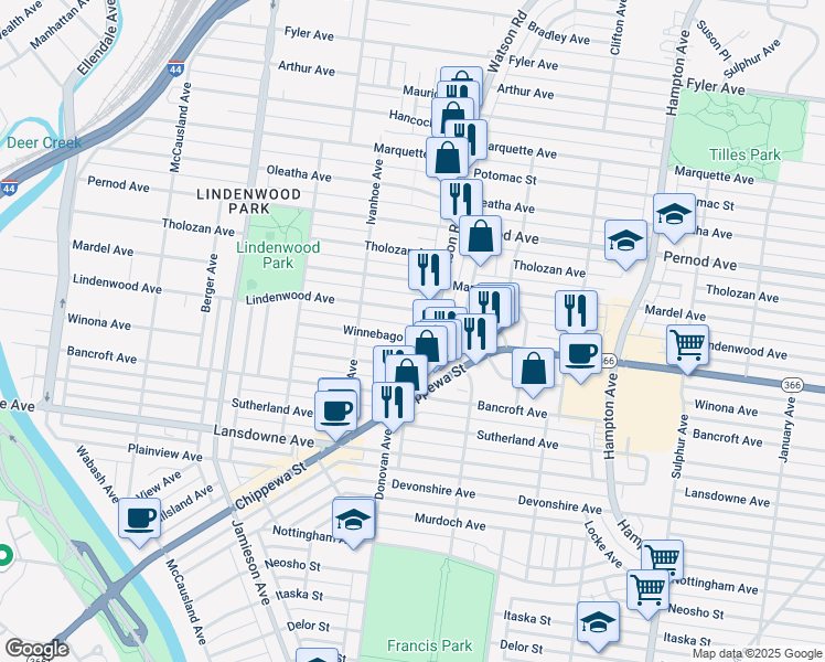 map of restaurants, bars, coffee shops, grocery stores, and more near 3825 Watson Road in St. Louis