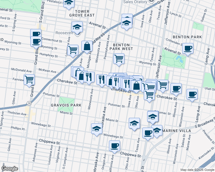 map of restaurants, bars, coffee shops, grocery stores, and more near 3331 Nebraska Avenue in St. Louis