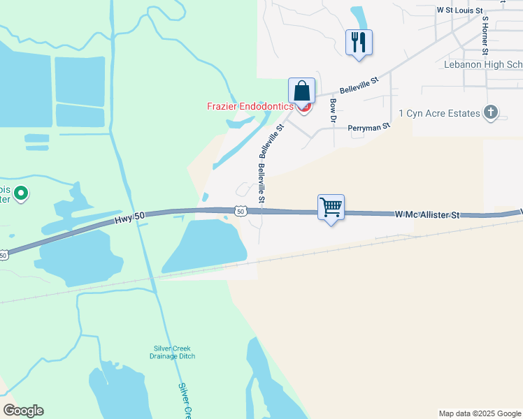 map of restaurants, bars, coffee shops, grocery stores, and more near 2555 Belleville Street in Lebanon