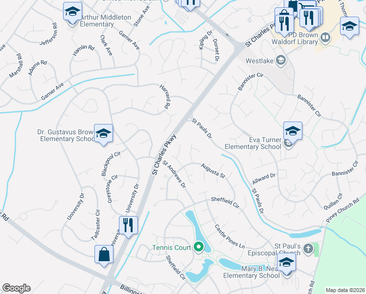 map of restaurants, bars, coffee shops, grocery stores, and more near 4326 Canada Hills Court in Waldorf