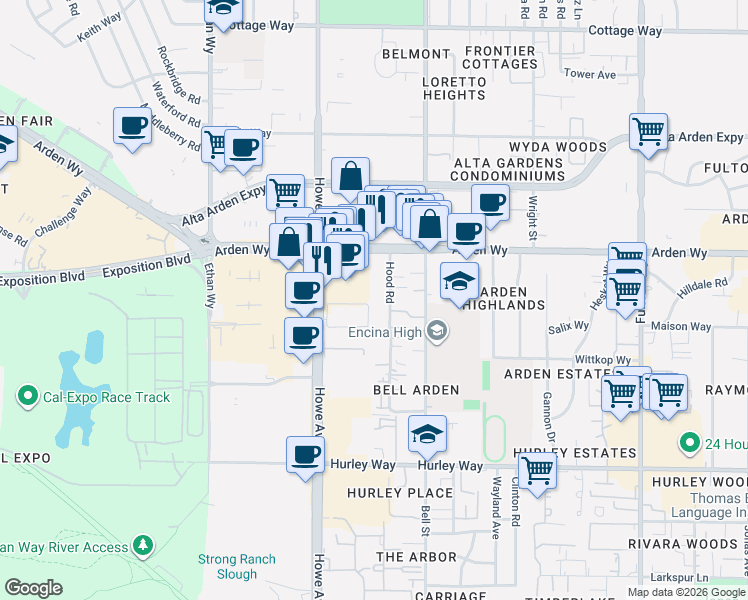 map of restaurants, bars, coffee shops, grocery stores, and more near 1601 Hood Road in Sacramento