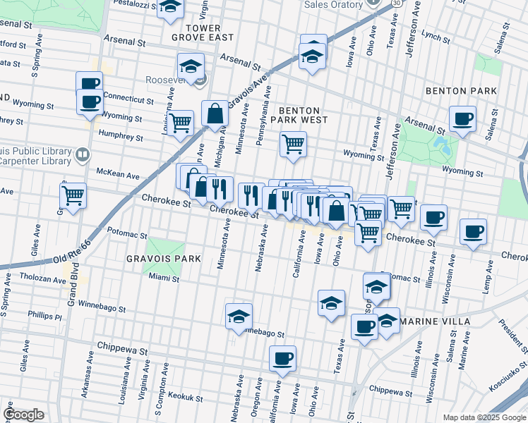 map of restaurants, bars, coffee shops, grocery stores, and more near 3355 Nebraska Avenue in St. Louis