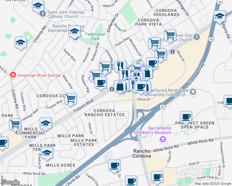 map of restaurants, bars, coffee shops, grocery stores, and more near in Rancho Cordova