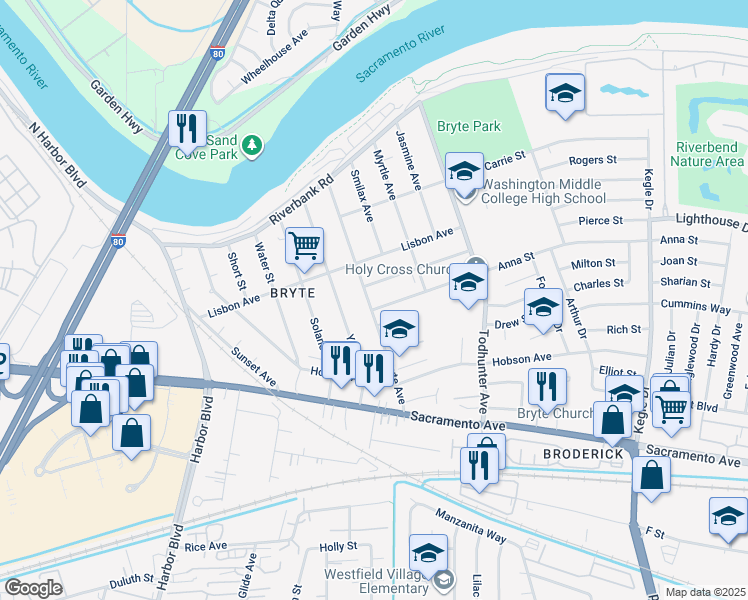 map of restaurants, bars, coffee shops, grocery stores, and more near 1429 May Street in West Sacramento