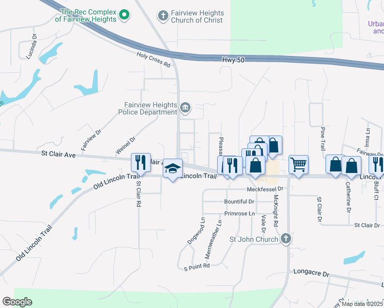 map of restaurants, bars, coffee shops, grocery stores, and more near 10055 Bunkum Road in Fairview Heights