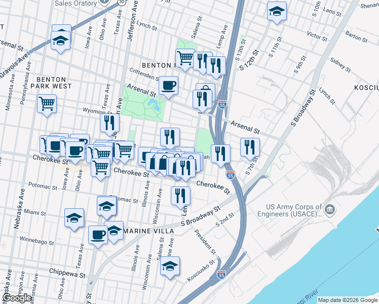 map of restaurants, bars, coffee shops, grocery stores, and more near 1935 Utah Street in St. Louis