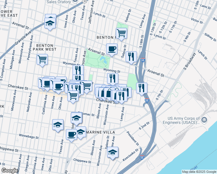 map of restaurants, bars, coffee shops, grocery stores, and more near 2002 Withnell Avenue in St. Louis
