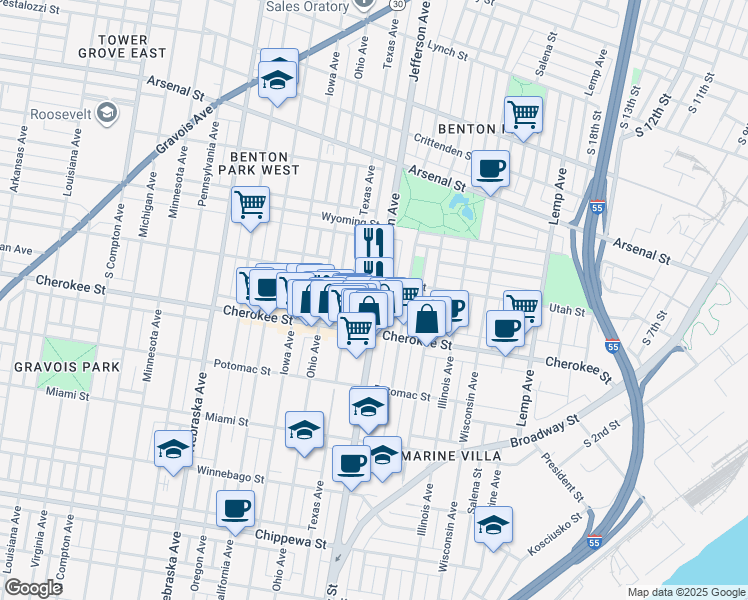 map of restaurants, bars, coffee shops, grocery stores, and more near in St. Louis