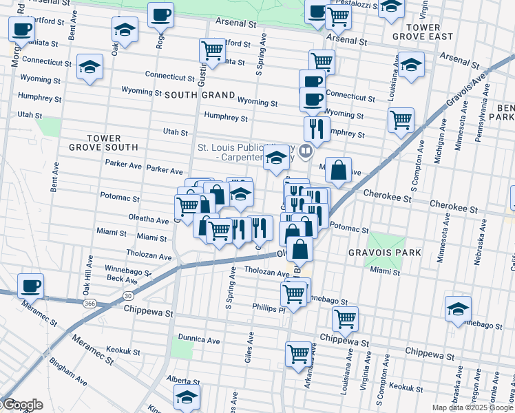 map of restaurants, bars, coffee shops, grocery stores, and more near 3660 Fairview Avenue in St. Louis