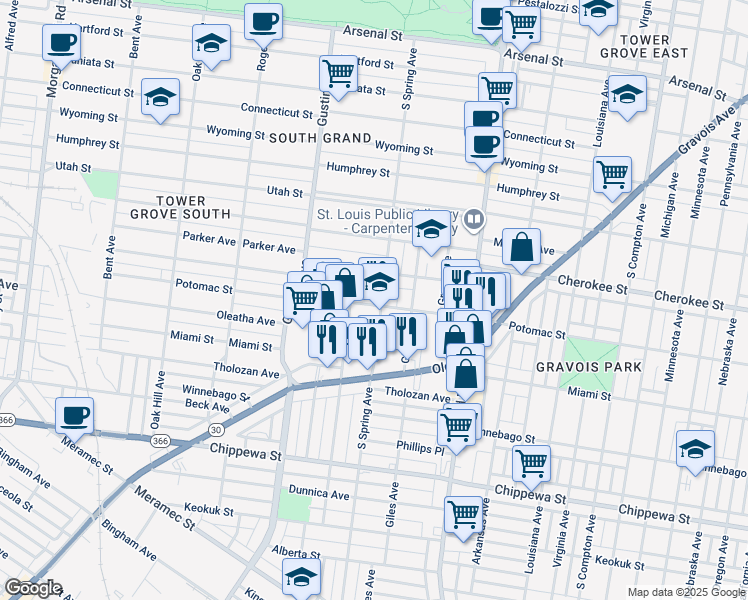 map of restaurants, bars, coffee shops, grocery stores, and more near 3455 South Spring Avenue in St. Louis