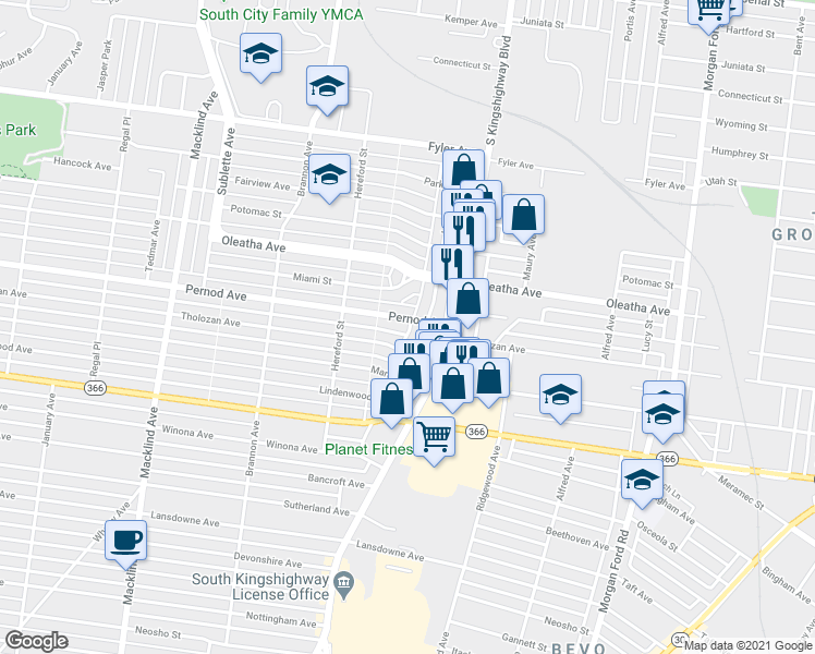 map of restaurants, bars, coffee shops, grocery stores, and more near 3531 Lawn Avenue in St. Louis