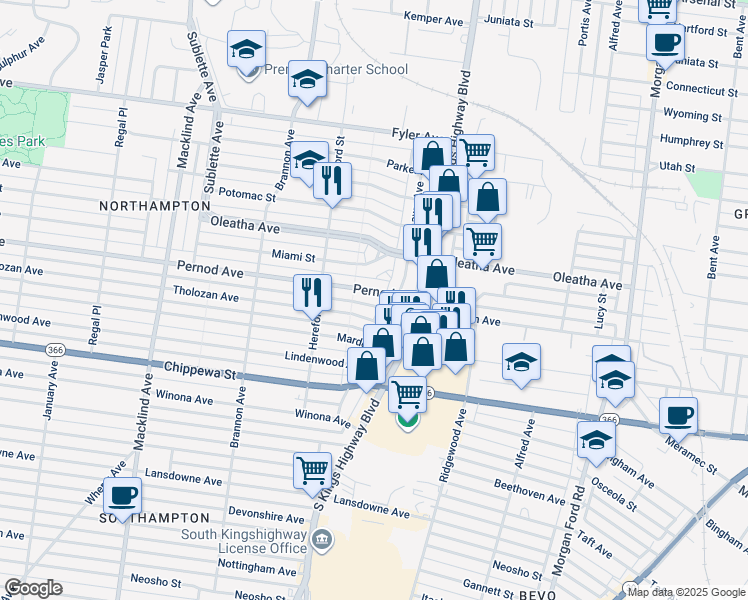 map of restaurants, bars, coffee shops, grocery stores, and more near 3531 Lawn Avenue in St. Louis