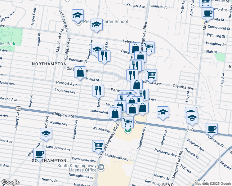 map of restaurants, bars, coffee shops, grocery stores, and more near 4963 Pernod Avenue in St. Louis
