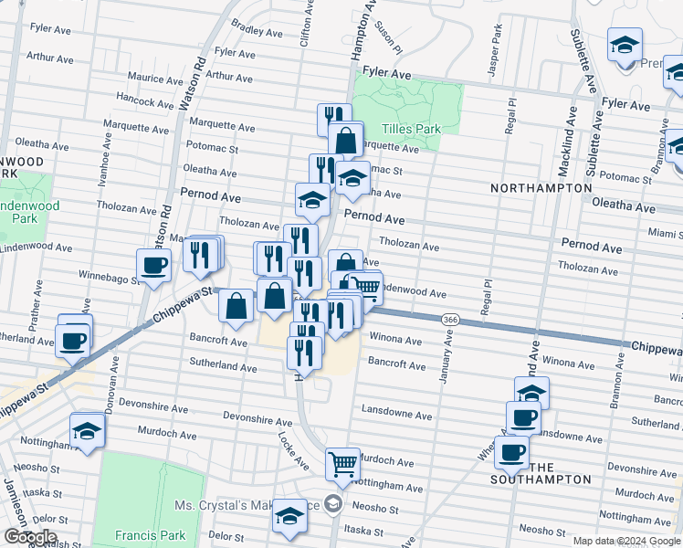 map of restaurants, bars, coffee shops, grocery stores, and more near 5831 Mardel Avenue in St. Louis