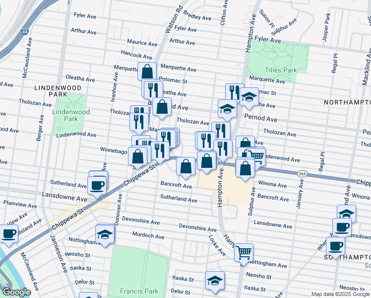 map of restaurants, bars, coffee shops, grocery stores, and more near 6301 Lindenwood Court in St. Louis