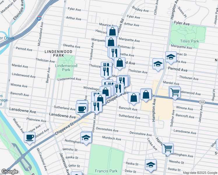 map of restaurants, bars, coffee shops, grocery stores, and more near 3825 Watson Road in St. Louis