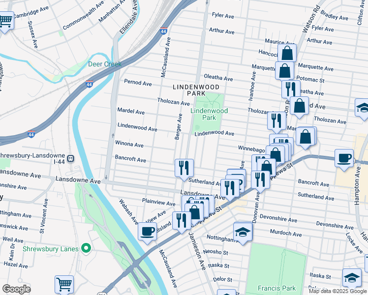map of restaurants, bars, coffee shops, grocery stores, and more near 3908-3910 Jamieson Avenue in St. Louis