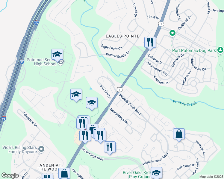 map of restaurants, bars, coffee shops, grocery stores, and more near 2903 Fox Lair Drive in Woodbridge