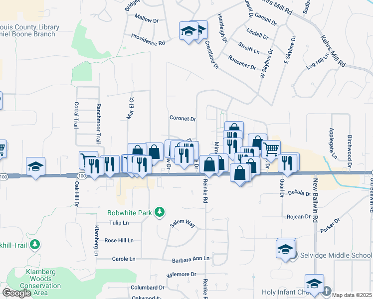map of restaurants, bars, coffee shops, grocery stores, and more near 910 Center Court in Ballwin